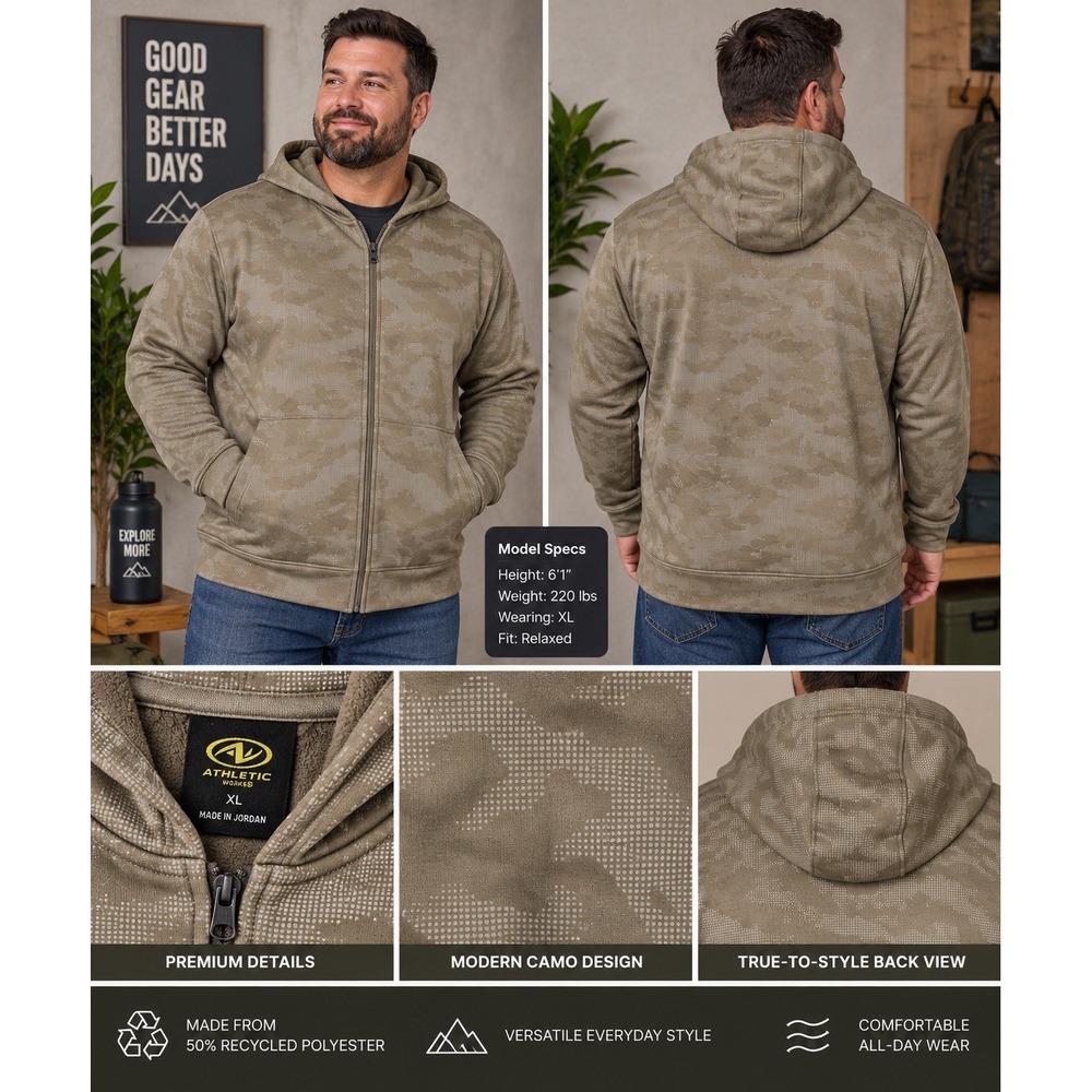 Athletic Works Mens 2XL Reflective Camo Full Zip Hoodie NWT Fleece Lined - Picture 1 of 9